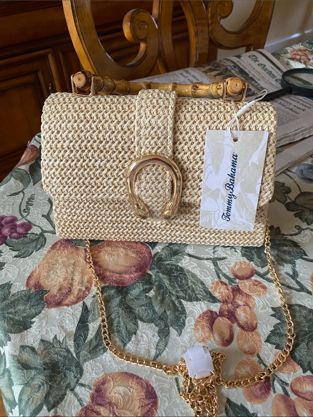 Tommy Bahama Cream Woven Crossbody with Bamboo Handle